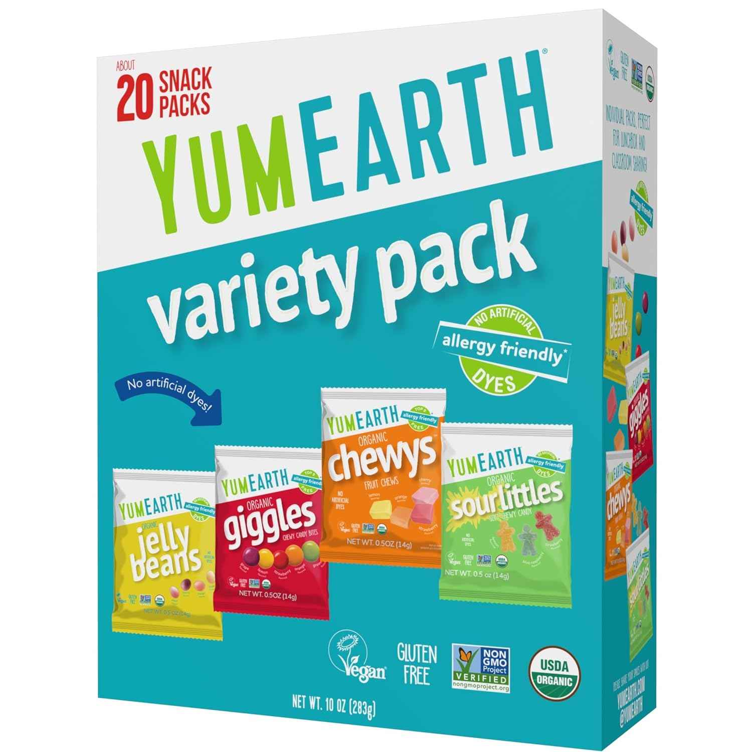 YumEarth Organic Variety Box - Jelly Beans, Giggles, Chewys, Sour Littles - Allergy Friendly (Top 9 Free), No Artificial Dyes, Non GMO, Gluten Free, Vegan -Individually Wrapped (Pack of 20)