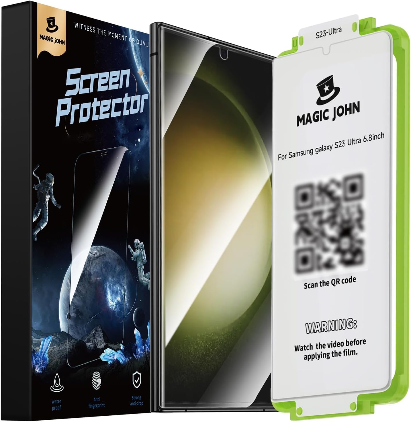 MAGIC_JOHN_2_Pack_for_Samsung_Galaxy_S23_Ultra_Screen_Protector_[PET_Film_Material_Not_Glass]_6.8_inch,[100%_Fingerprint_ID_Compatible]_Easy_Installation_Tray,_Shock-Resistant,_3D_Curved,_Bubble_Free,_Scratch_Proof,_HD_Clear,_Case_Friendly
