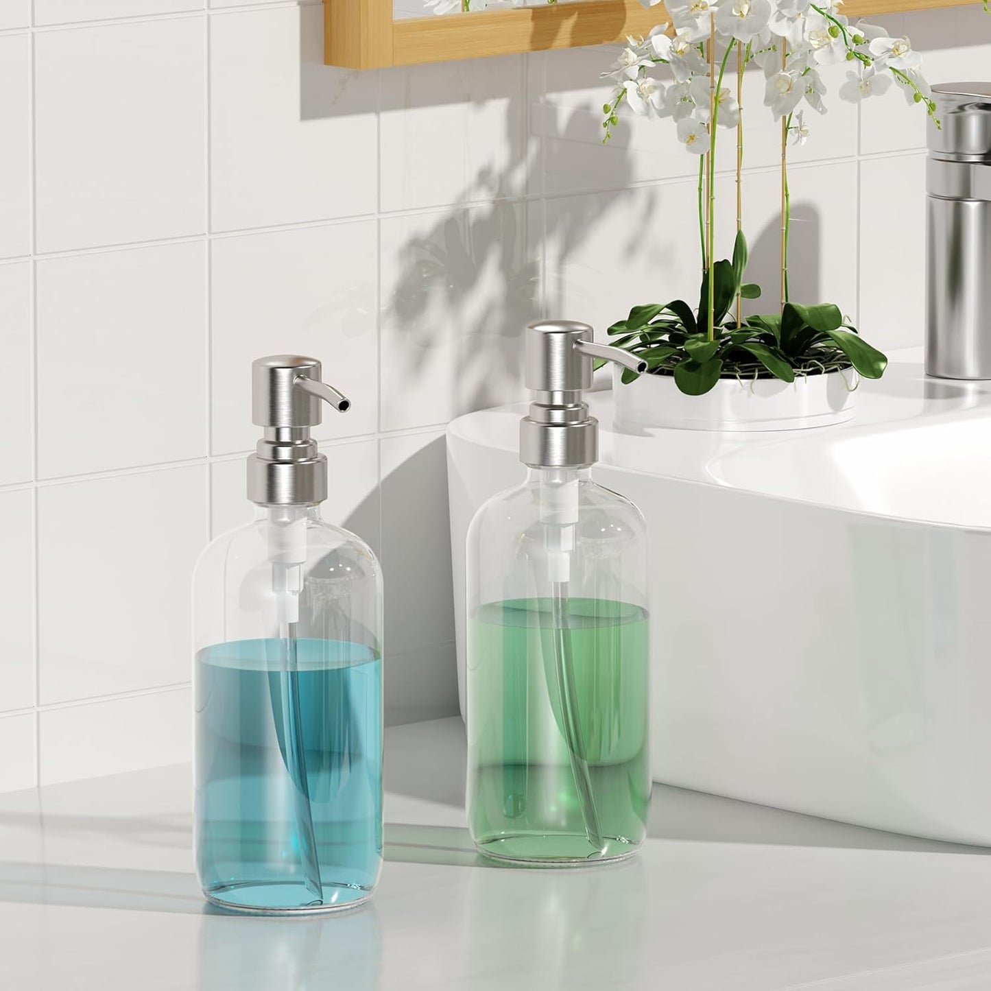 AmazerBath_Soap_Dispenser,_2_Pack_Glass_Soap_Dispenser_with_Pump_Stainless_Steel,_17_Oz_Hand_Soap_Bottles_Bathroom_Kitchen,_Clear