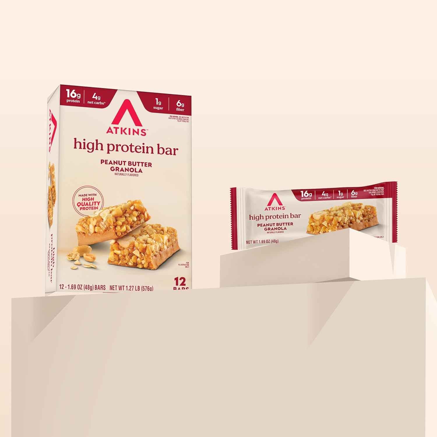 Atkins High Protein Bar, High Fiber Snack , 16g Protein, 1g Sugar, 4g Net Carb, Protein Snack