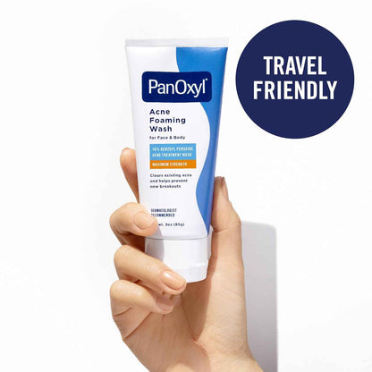 PanOxyl Acne Foaming Wash for face & body Benzoyl Peroxide 10% Maximum Strength Antimicrobial, 3 oz. - Travel Size