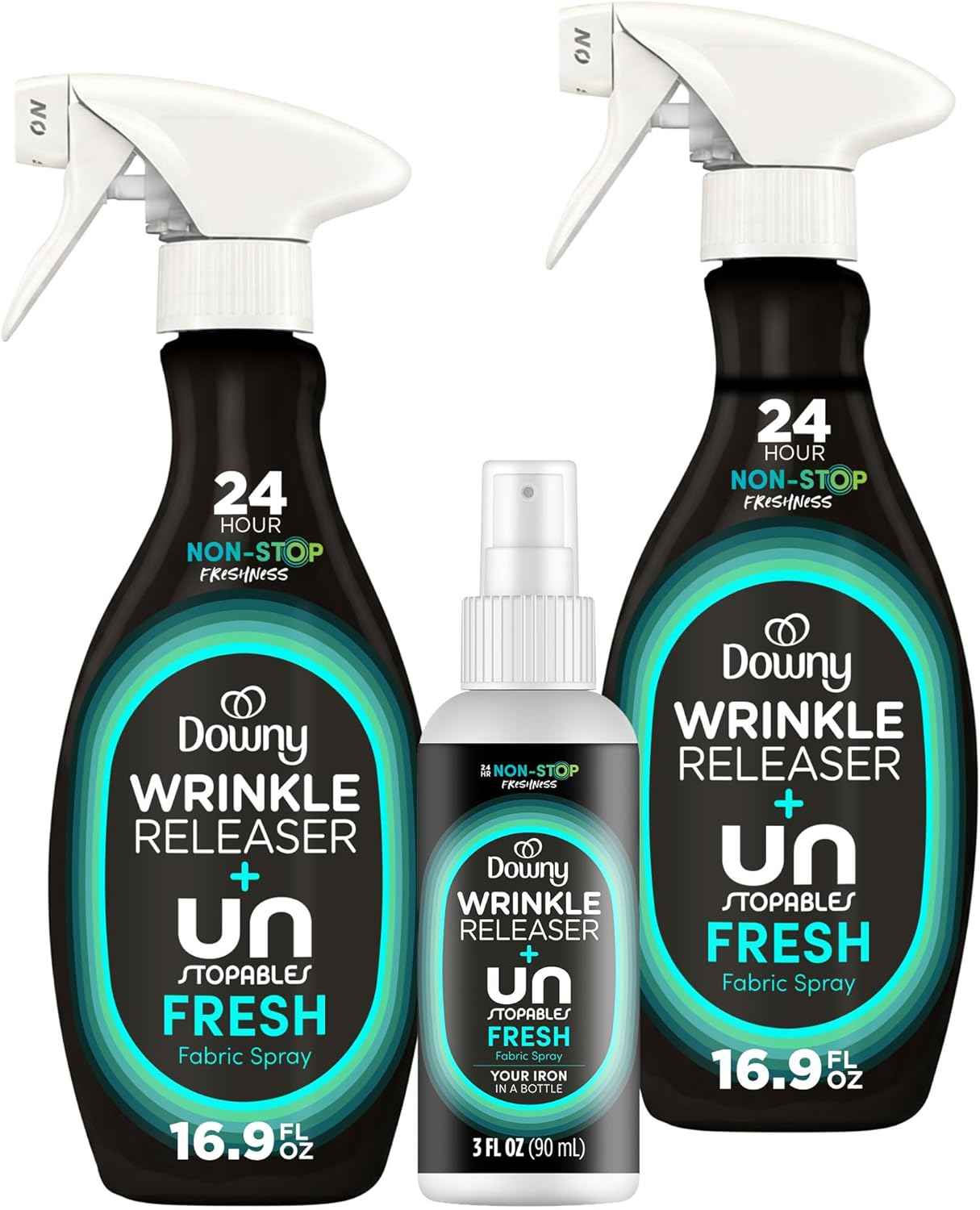 Downy Wrinkle Releaser Spray, Travel Size Spray + 16.9 Fl Oz Pack of 2, All In One Formula, Removes Wrinkles, Static and Odors, Light Fresh Scent