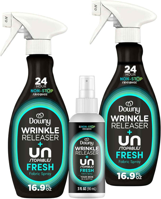 Downy Wrinkle Releaser Spray, Travel Size Spray + 16.9 Fl Oz Pack of 2, All In One Formula, Removes Wrinkles, Static and Odors, Light Fresh Scent