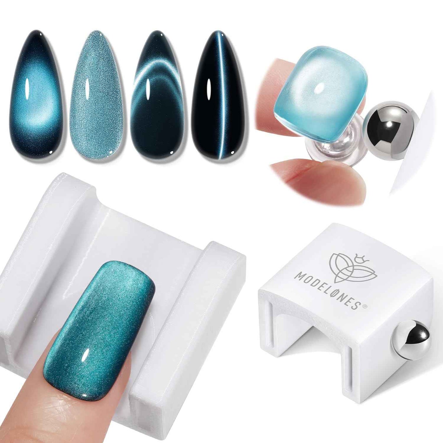 modelones Cat Eye Magnet Set, Heart French Cateye Gel Polish Nail Tools Kit Dual-Head 3 IN One Magnets Pen Heart Round Square Flower Glassy Moon Multi Effect Nail Art Designs Home DIY Salon Use