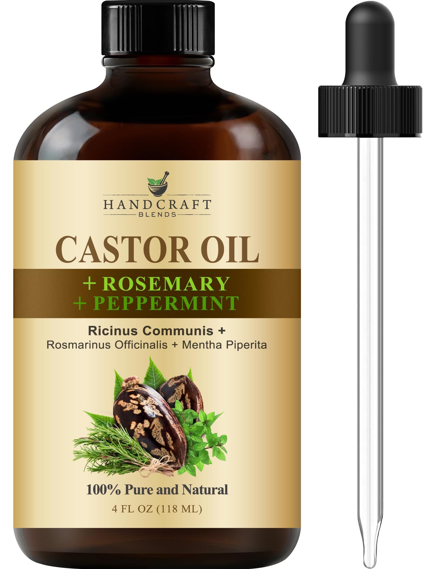 Handcraft Blends Castor Oil with Rosemary and Peppermint Oil in Glass Bottle - 4 Fl Oz - 100% Pure and Natural - Premium Grade Oil for Hair Growth, Eyelashes and Eyebrows - Carrier, Hair and Body Oil