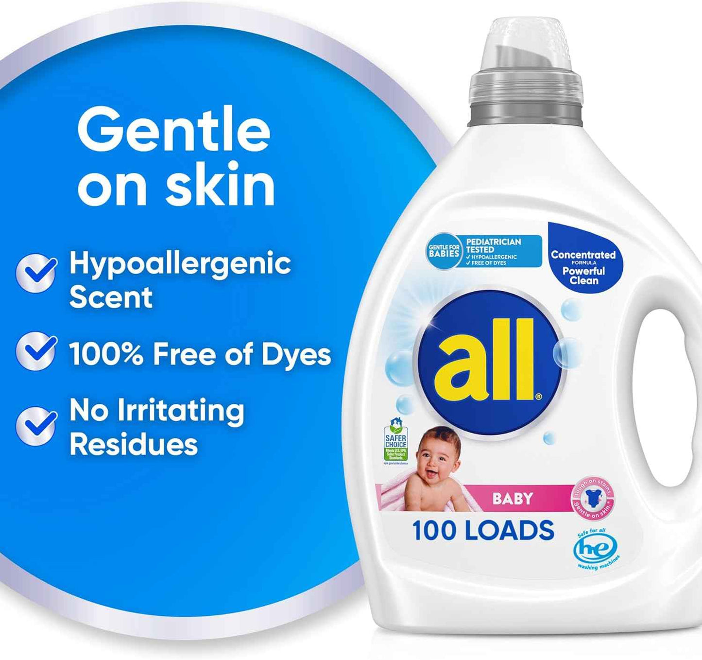 all Baby, Gentle for Baby, Liquid Laundry Detergent, Hypoallergenic for Sensitive Skin, Concentrated, 75oz, 100 Loads
