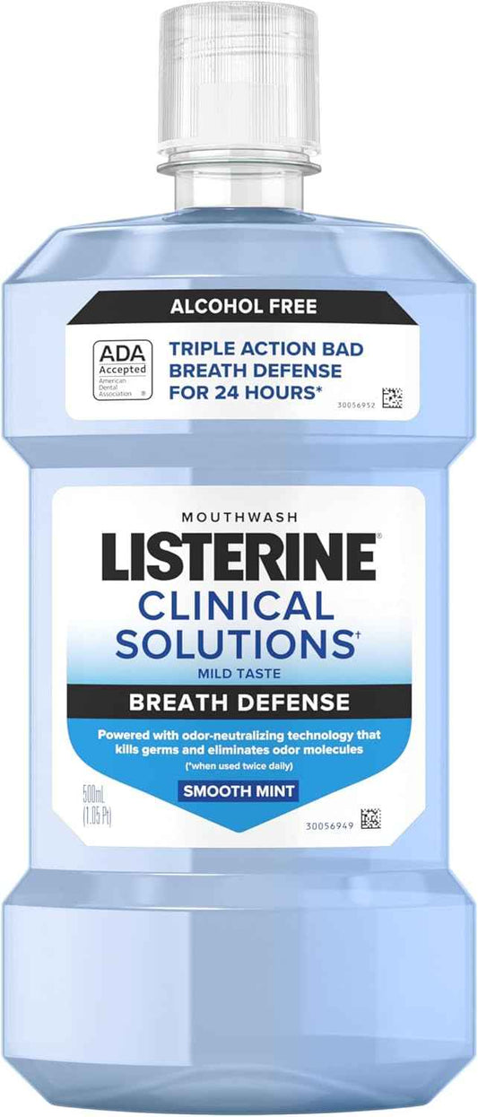 Listerine Clinical Solutions Breath Defense Alcohol Free Mouthwash, Oral Rinse with a Triple-Action Formula Fights Bad Breath for 24 Hours, Smooth Mint Flavor