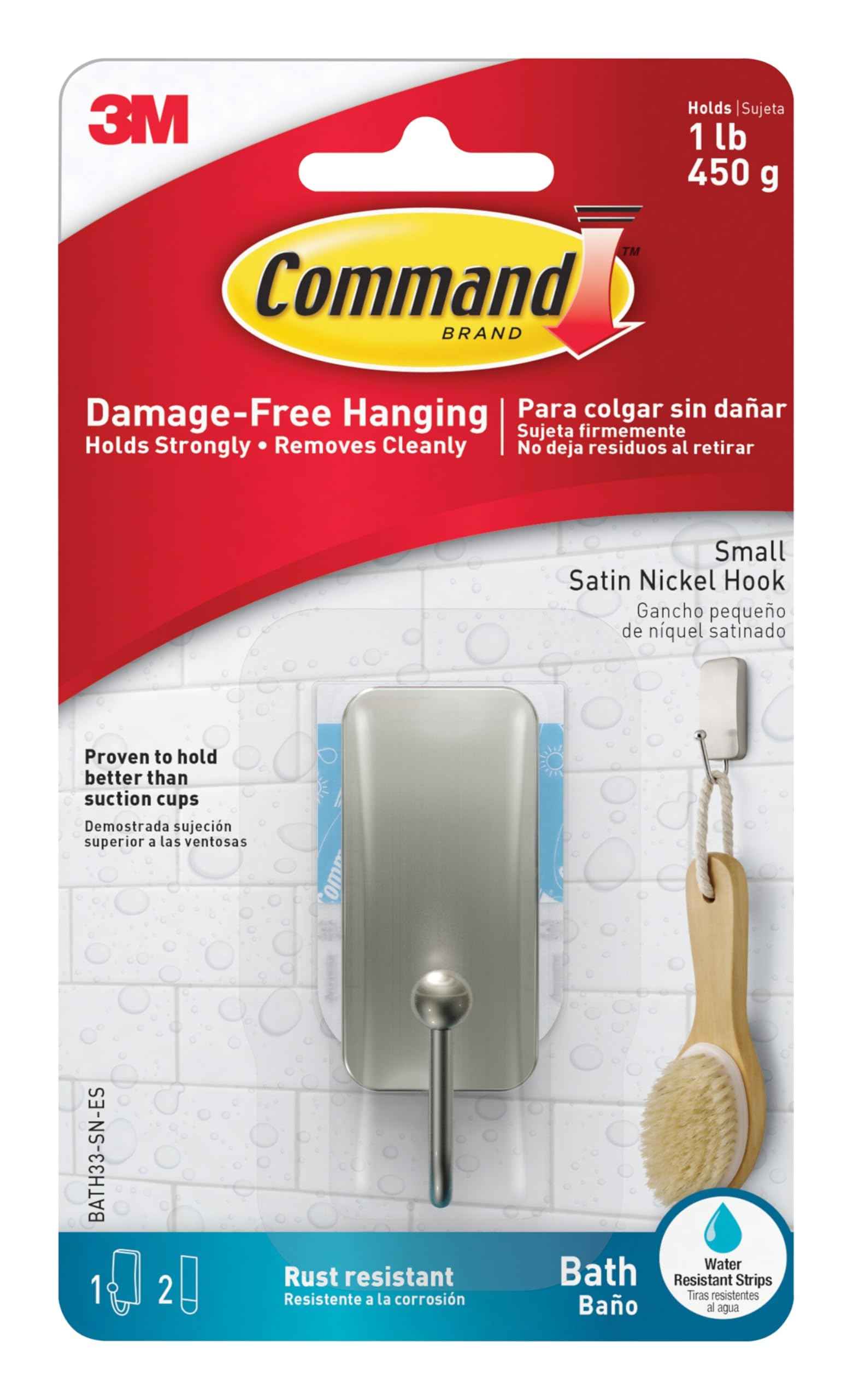 Command Small Bath Hook, Holds up to 1 lb, 1 Satin Nickel Shower Hook with 2 Water Resistant Strips, Damage-Free Bathroom Organization