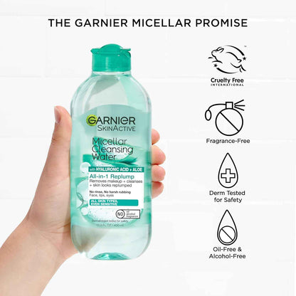 Garnier Micellar Water with Hyaluronic Acid, Facial Cleanser & Makeup Remover, Hydrating and Plumping, For All Skin Types, Vegan, Cruelty Free, 13.5 Fl Oz (400mL)