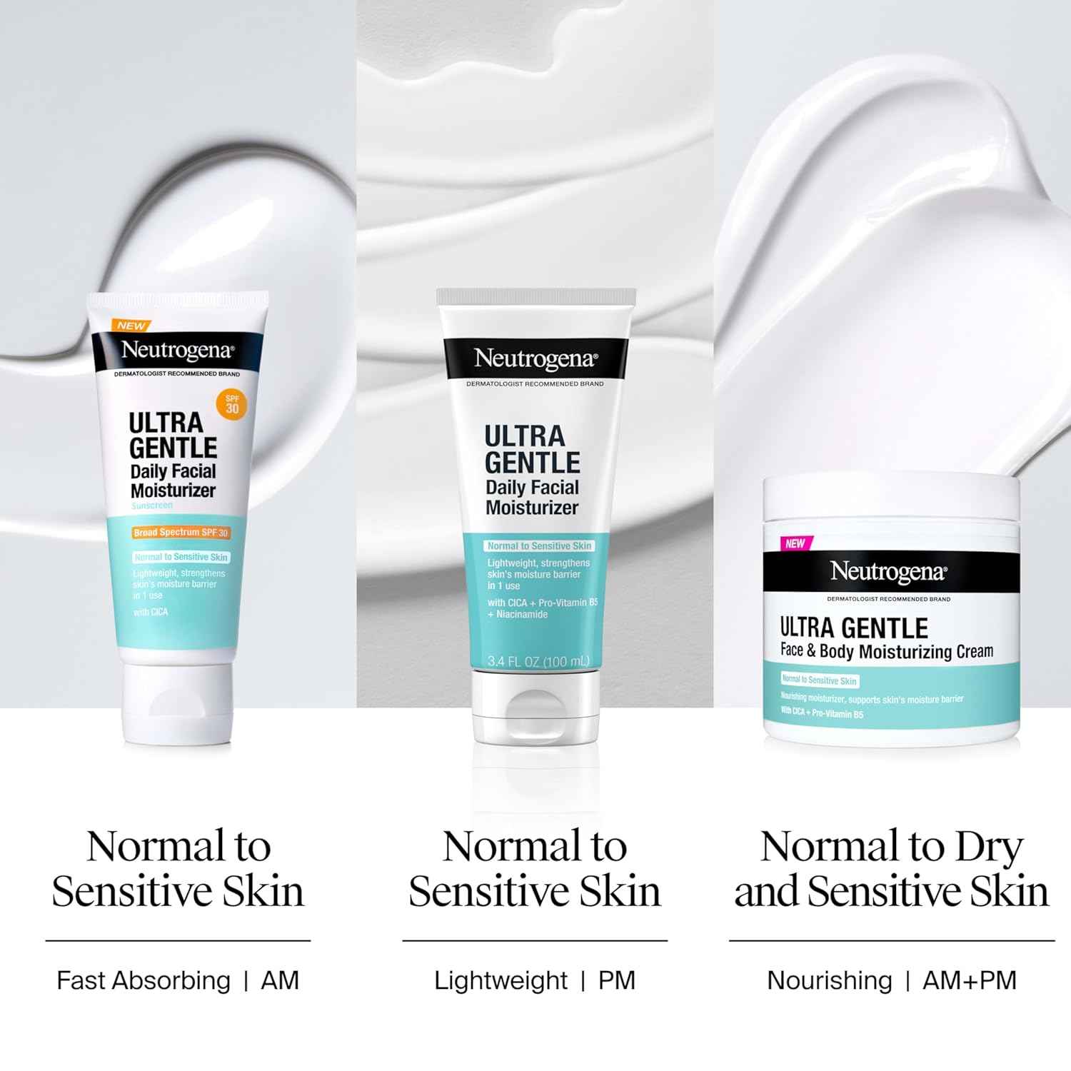 Neutrogena Ultra Gentle Daily Facial Moisturizer with SPF 30 Sunscreen with CICA, Lightweight Face Lotion with Broad Spectrum SPF 30 for Normal to Sensitive Skin, Fragrance-Free, 3.4 fl. oz