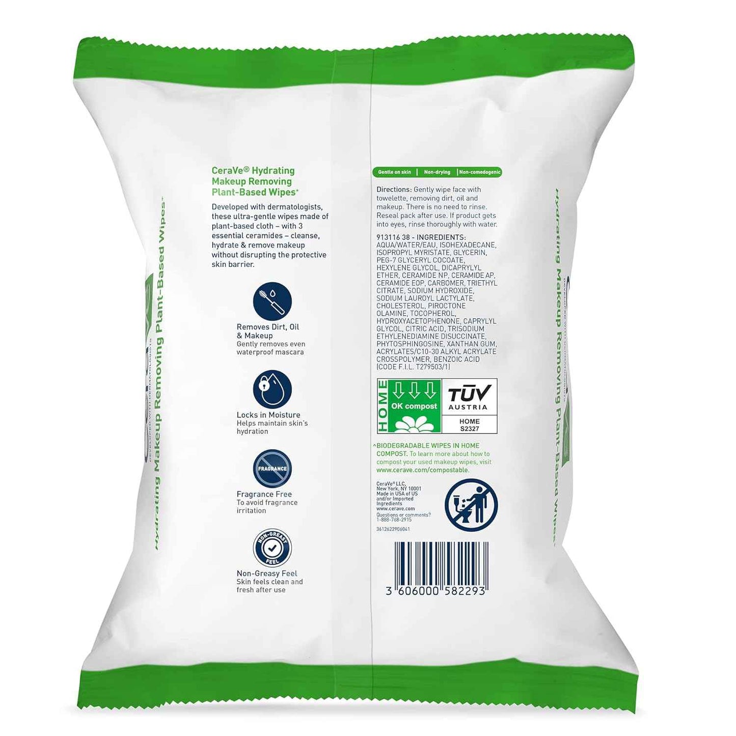 CeraVe Makeup Remover Wipes, Plant Based Face Wipes, Biodegradable in Compost, Waterless Face Wash, Travel Essentials for Women, Suitable for Sensitive Skin, Fragrance-free + Non-comedogenic, 25ct