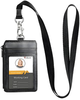 Teskyer Badge Holder with Zip Pocket, Multiple Card Slots Leather ID Card Holder with Nylon Lanyard for Cruise Ship Cards, Office School ID, Work Name Cards, Driver's License