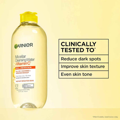 Garnier Micellar Water with Vitamin C, Facial Cleanser & Makeup Remover, Brightening & Hydrating, For All Skin Types, Vegan, Cruelty Free
