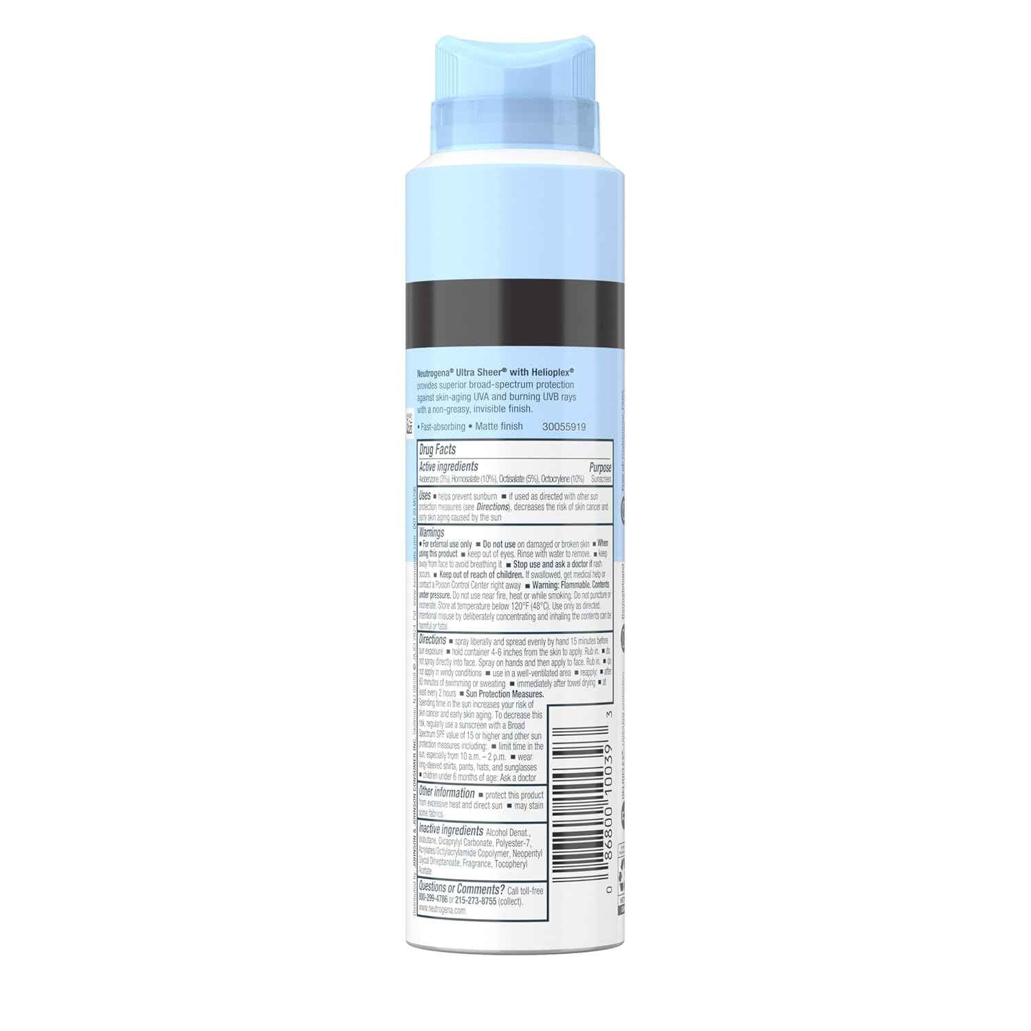 Neutrogena Ultra Sheer Sunscreen Spray SPF 45 Body Mist, Lightweight Non-Greasy Broad Spectrum UVA/UVB Protection, Oil-Free & Non-Comedogenic Water Resistant Spray Sunscreen (80 min), Pack of 3, 5 oz