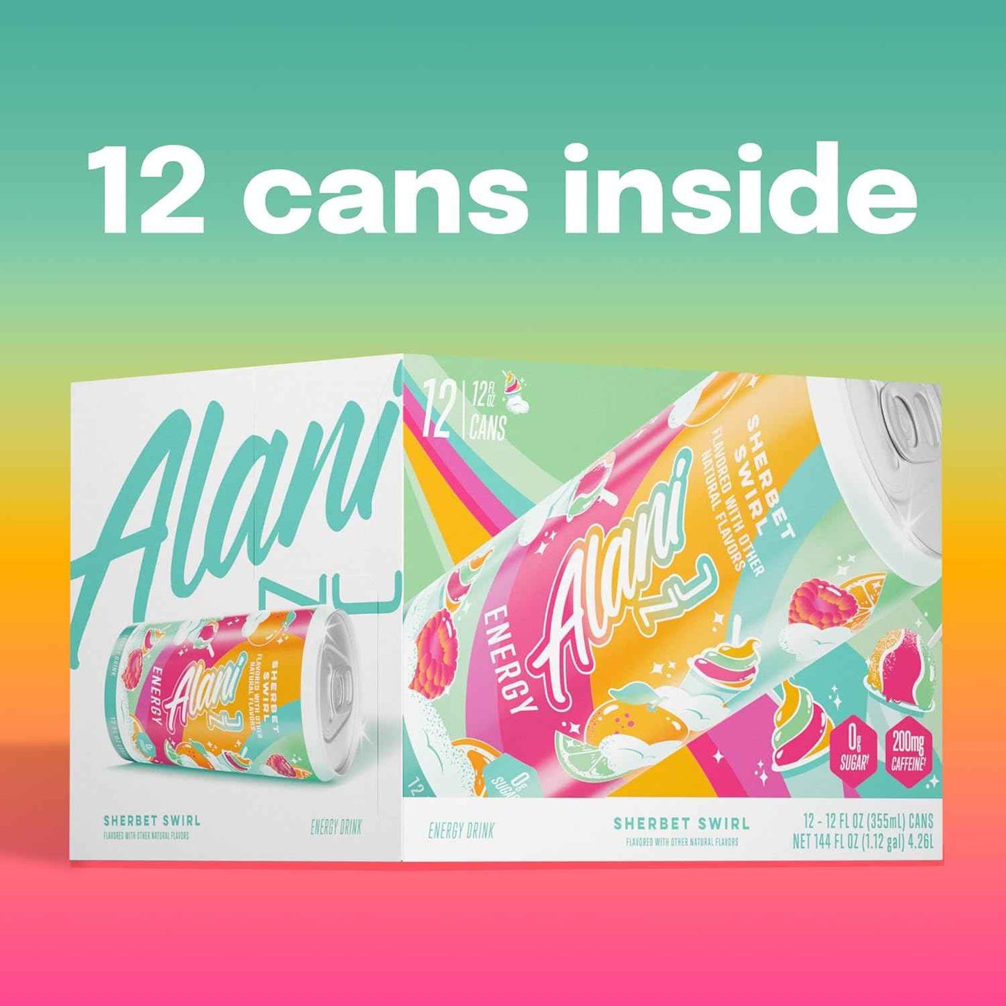 Alani Nu SHERBET SWIRL Sugar Free, Low Calorie Energy Drinks, 200mg Caffeine, Biotin B Vitamins, Zero Sugar, 10 Calories, 12 Fl Oz Cans, 12 Pack