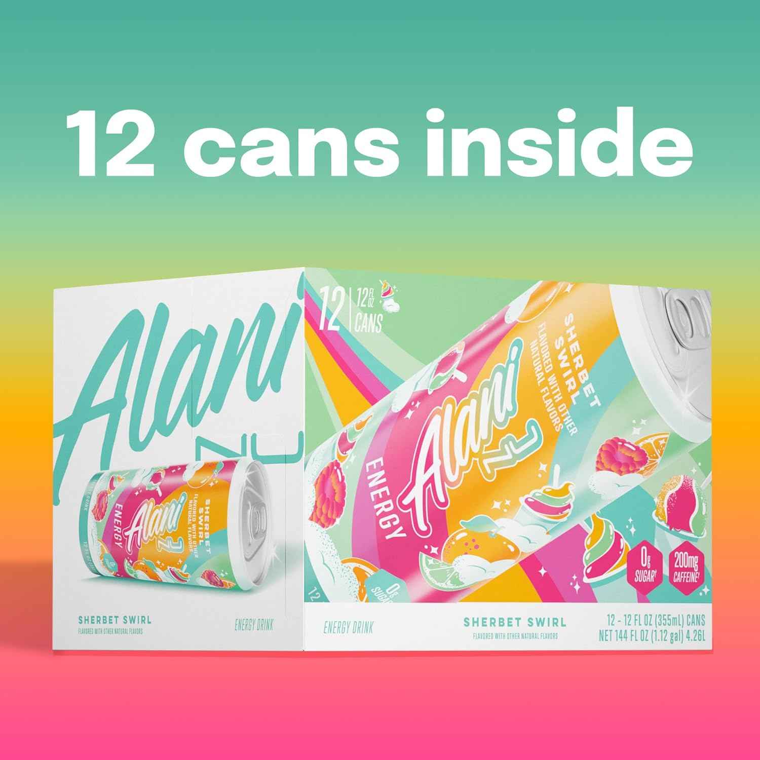 Alani Nu SHERBET SWIRL Sugar Free, Low Calorie Energy Drinks, 200mg Caffeine, Biotin B Vitamins, Zero Sugar, 10 Calories, 12 Fl Oz Cans, 12 Pack