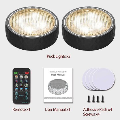 Battery_Operated_Puck_Lights_with_Remote_LED_Under_Cabinet_Lighting_Wireless_Stick_on_Lights_Color_Changing_Timer_Tap_Lights_for_Cabinets_Shelves_Closets_Display_Case_-_2/6_Pack-_Black/White