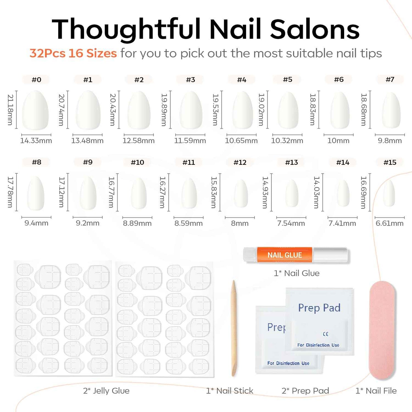 Modelones  Press on Nails Almond, Summer Short Fake Nails, Reusable Nail Kit with Nail Glue Adhesive Tabs Mini Nail File, Nails Press Ons 32Pcs 16 Sizes, Women Girl Gift