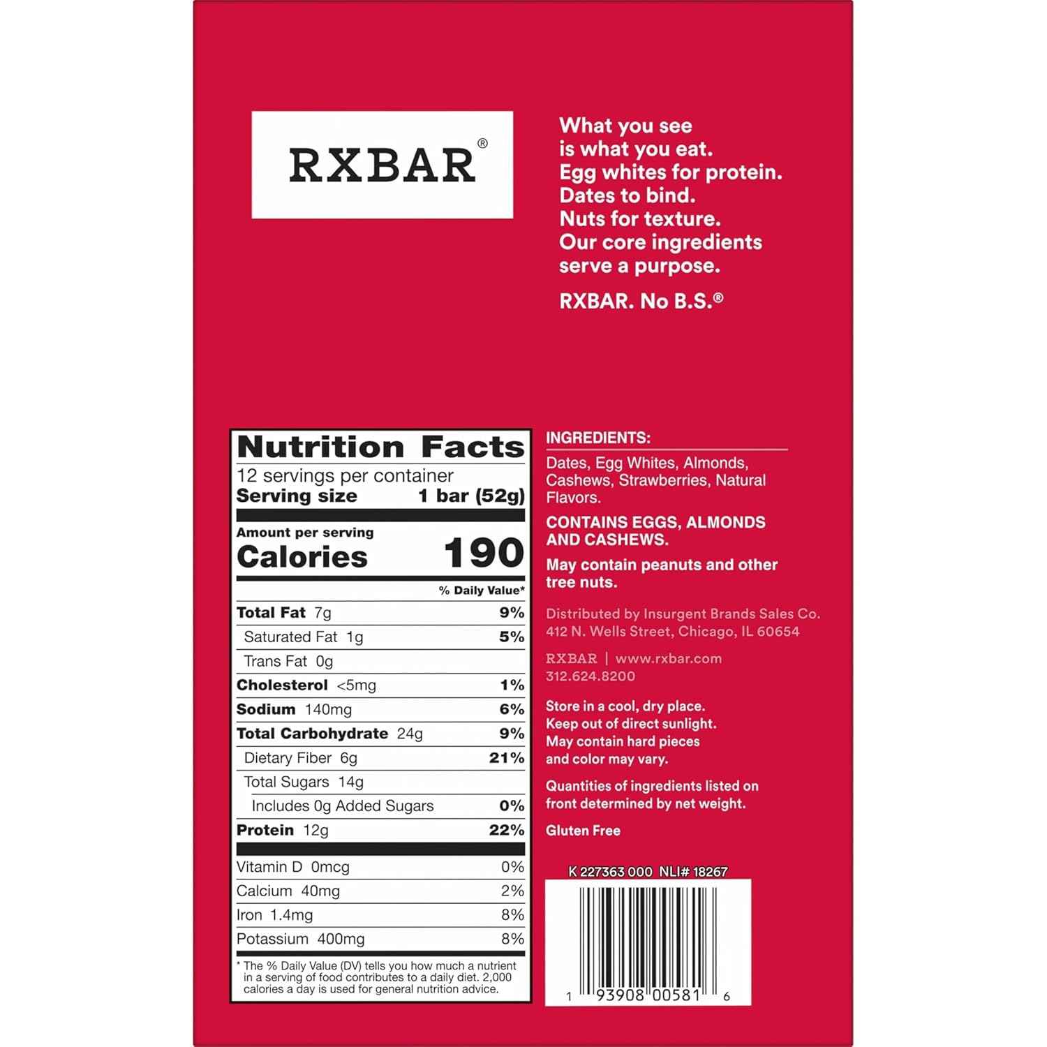RXBAR Protein Bars, 12g Protein, Gluten Free Snacks, Strawberry