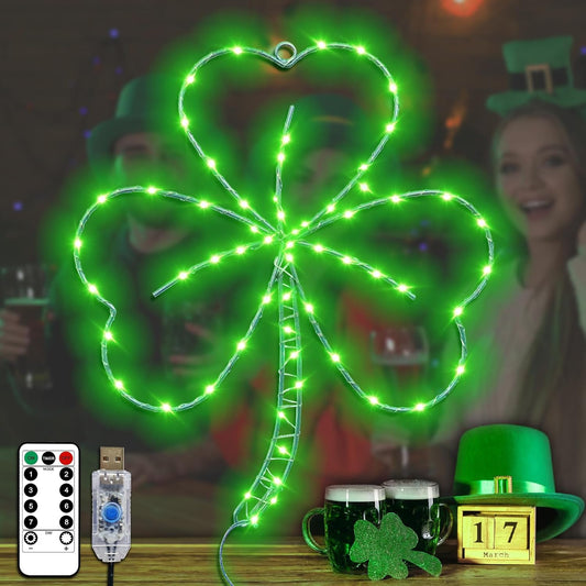YAOZHOU_St_Patricks_Day_Decorations,Irish_Shamrock_LED_Window_Lights,13.2IN_58LED_Green_Iron_Frame_Silhouette_Clover_Lights,_USB_Powered_Remote_Control,_Wall_Indoor_Party_Favors_Accessories_(1PACK)