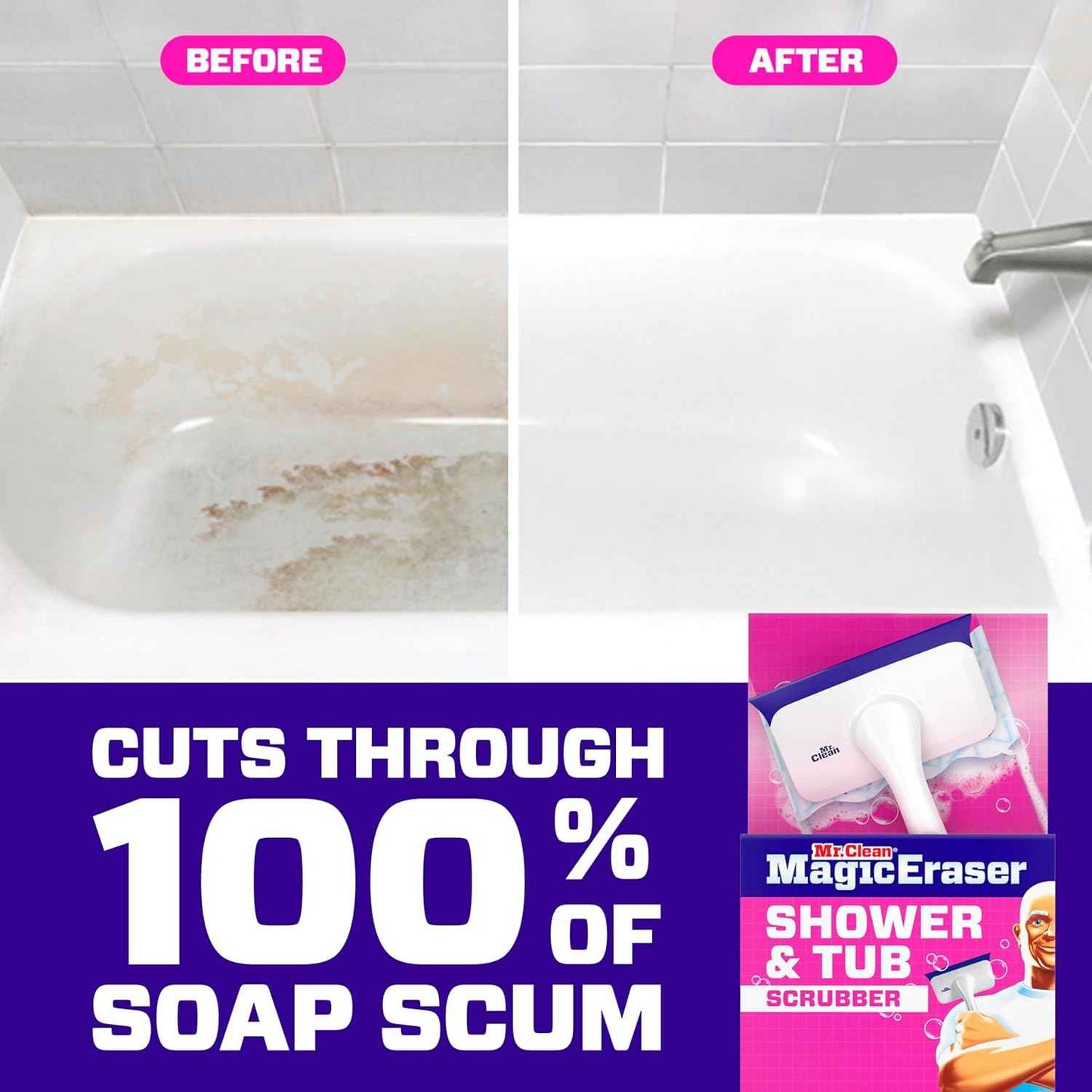 Mr. Clean Magic Eraser Shower & Tub Scrubber, Bathroom Cleaner, All in One Bathroom Cleaner, Lemon Starter Kit