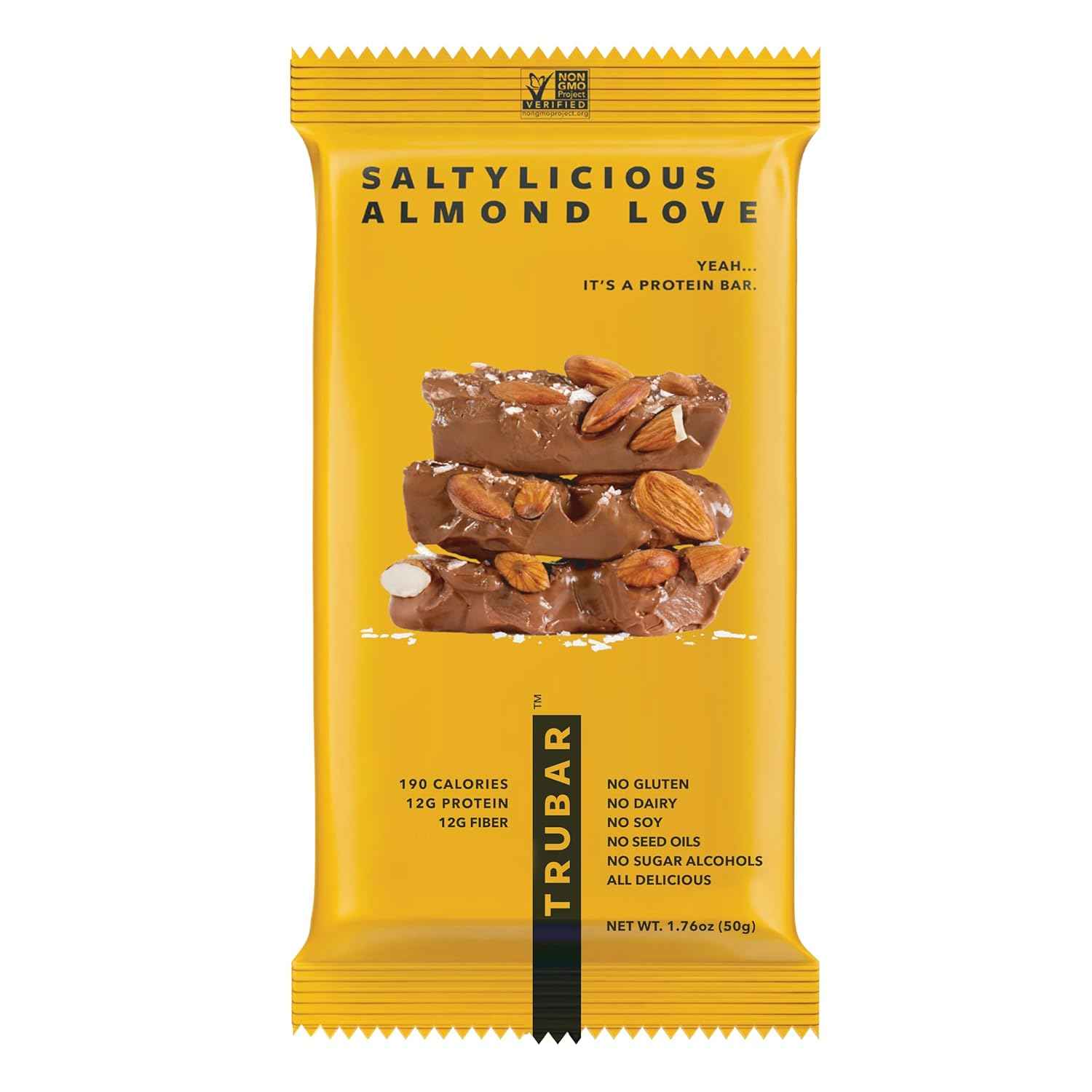 TRUBAR Vegan Protein Bar, Saltylicious Almond Love, Gluten Free, Plant Based, High Fiber, Dairy Free, Low Fat, Non GMO, No Sugar Alcohols, 12G Lean Protein, 13G Fiber, Healthy Snack Bars, 1 CT