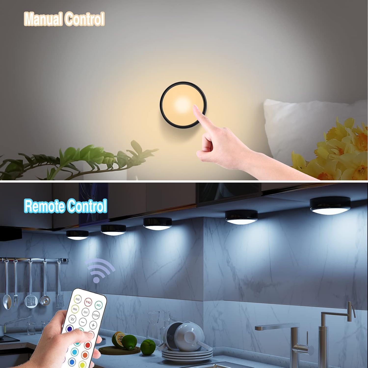 ILYXY_LED_Puck_Lights_with_Remote,_3_Pack/6_Pack_Under_Cabinet_Lighting,_Battery_Operated_Push_Light,_Dimmable_&_Color_Changing_Tap_Lights,_Stick-On,_Black/White