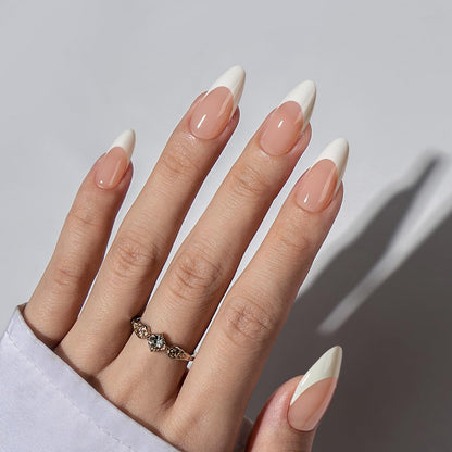 BTArtbox French Tip Press On Nails - Press On Nails Medium Almond, Natural Fake Nail with Nail Glue, Nude Glue On Nails in 15 Sizes - 30 Fake Nails Kit