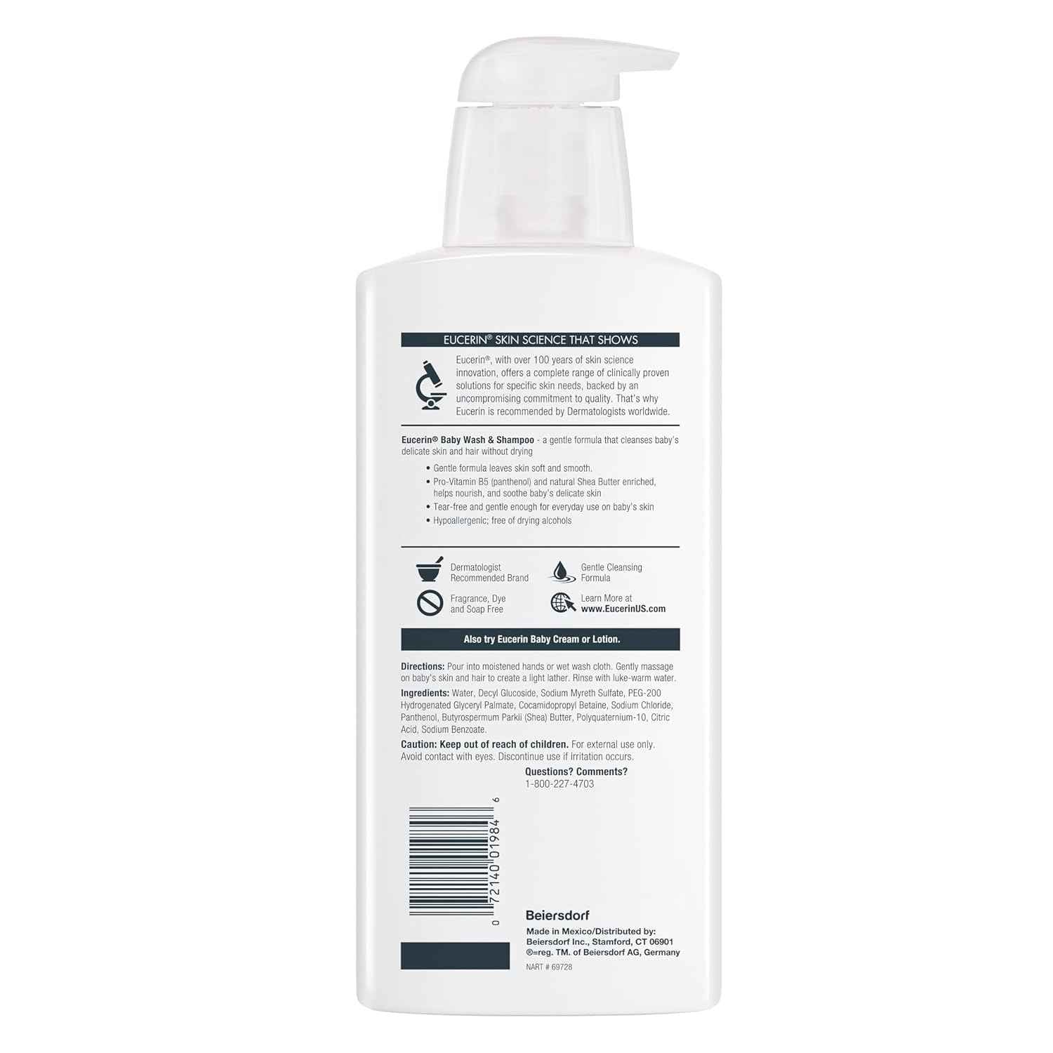 Eucerin Baby Unscented Baby Shampoo and Body Wash, Hypoallergenic, Tear Free Shampoo and Wash with Pro-Vitamin B5 and Shea Butter, 13.5 Fl Oz Bottle 3 pack