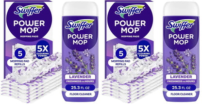 Swiffer Power Mop Refill Pack, Floor Cleaner for Mopping Tile, Vinyl, Laminate, Wood in Home, Bathroom, Kitchen, All Purpose Multi-Surface Cleaning, 5 Pads + 1 Lavender Solution