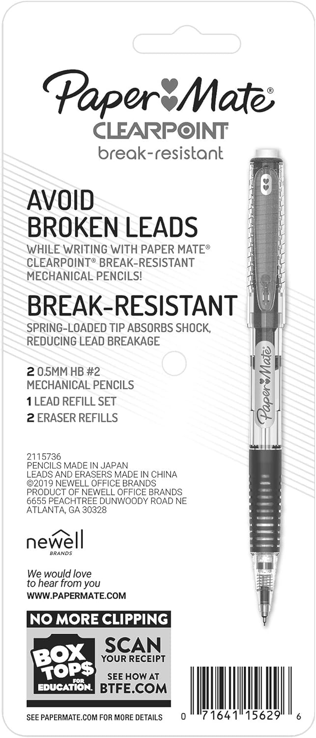 Paper_Mate_Clearpoint_Mechanical_Pencils_0.5mm_Break_Resistant_HB_#2_Lead_School_Supplies_Art_Supplies_Drawing_Sketching_Pencils_2_Black_1_Lead_Refill_Set_2_Erasers