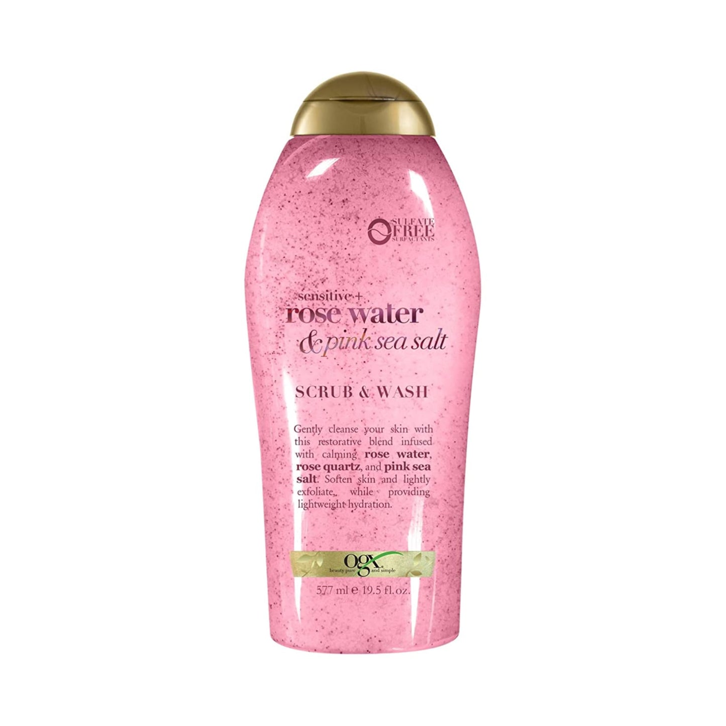 OGX Sensitive + Rose Water &amp;amp; Pink Sea Salt Exfoliating Body Scrub + Rose Quartz, Gentle Exfoliating Daily Body Wash Softens Skin, Body Scrub for Women, Sulfate-Free Surfactants, 19.5 fl oz