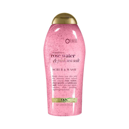 OGX Sensitive + Rose Water &amp;amp; Pink Sea Salt Exfoliating Body Scrub + Rose Quartz, Gentle Exfoliating Daily Body Wash Softens Skin, Body Scrub for Women, Sulfate-Free Surfactants, 19.5 fl oz