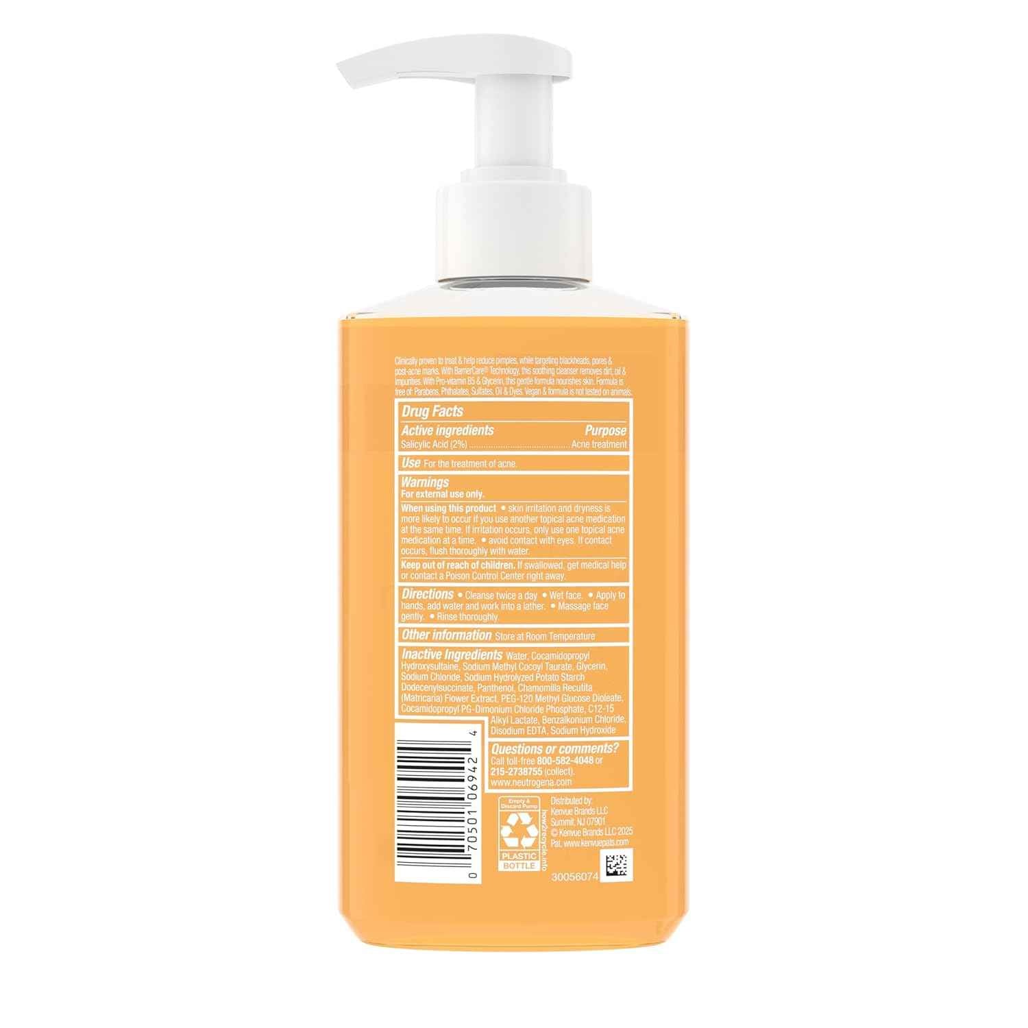 Neutrogena Oil-Free Acne Face Wash, Fragrance Free, Sensitive Skin Facial Cleanser with 2% Salicylic Acid Acne Treatment for Face, 9.1 Fl Oz