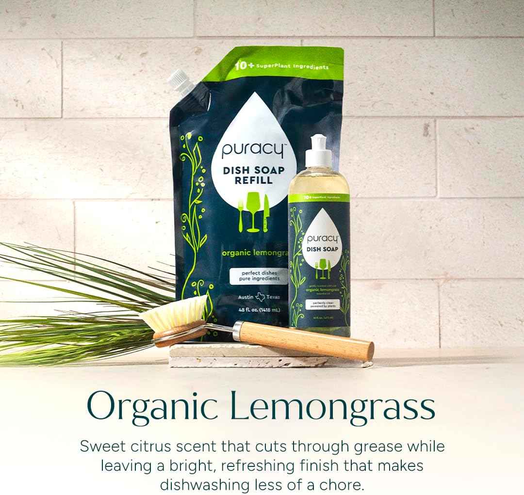 Puracy Natural Dish Soap Refill - Skin-Softening Plant-Based Liquid Dishwashing Detergent Soap, Clean-Rinsing Water-Sheeting Formula