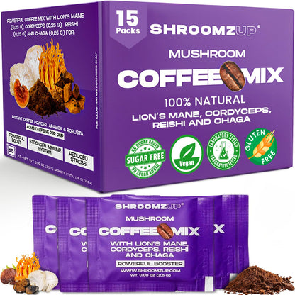 Shroomzup Mushroom Coffee Instant - 15 Single Serve Packets with 4 Mushrooms - Lion’s Mane, Reishi Chaga Cordyceps - Vegan Nootropic Coffee for Energy