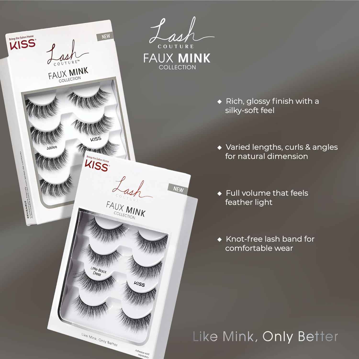 KISS Lash Couture Faux Mink False Eyelashes Multipack, 12mm, Multiple Lengths, Reusable, Cruelty Free, Vegan, Exclusive knot-free lash band, 4 Pairs