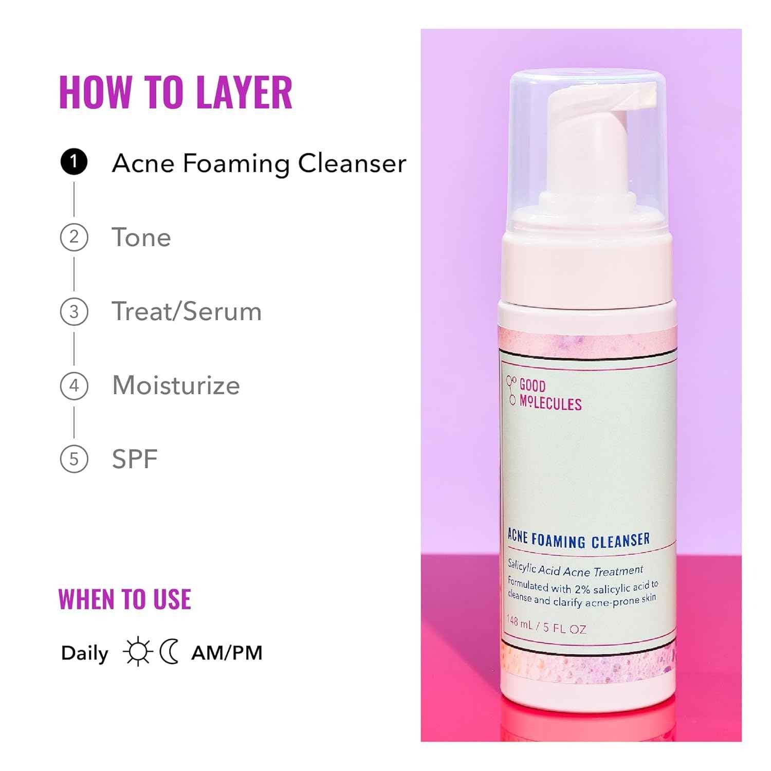 Good Molecules Acne Foaming Cleanser - 2% Salicylic Acid Foam Cleanser - Gentle Acne Face Wash with Alcohol Free Witch Hazel and Aloe - Skin Care for Face