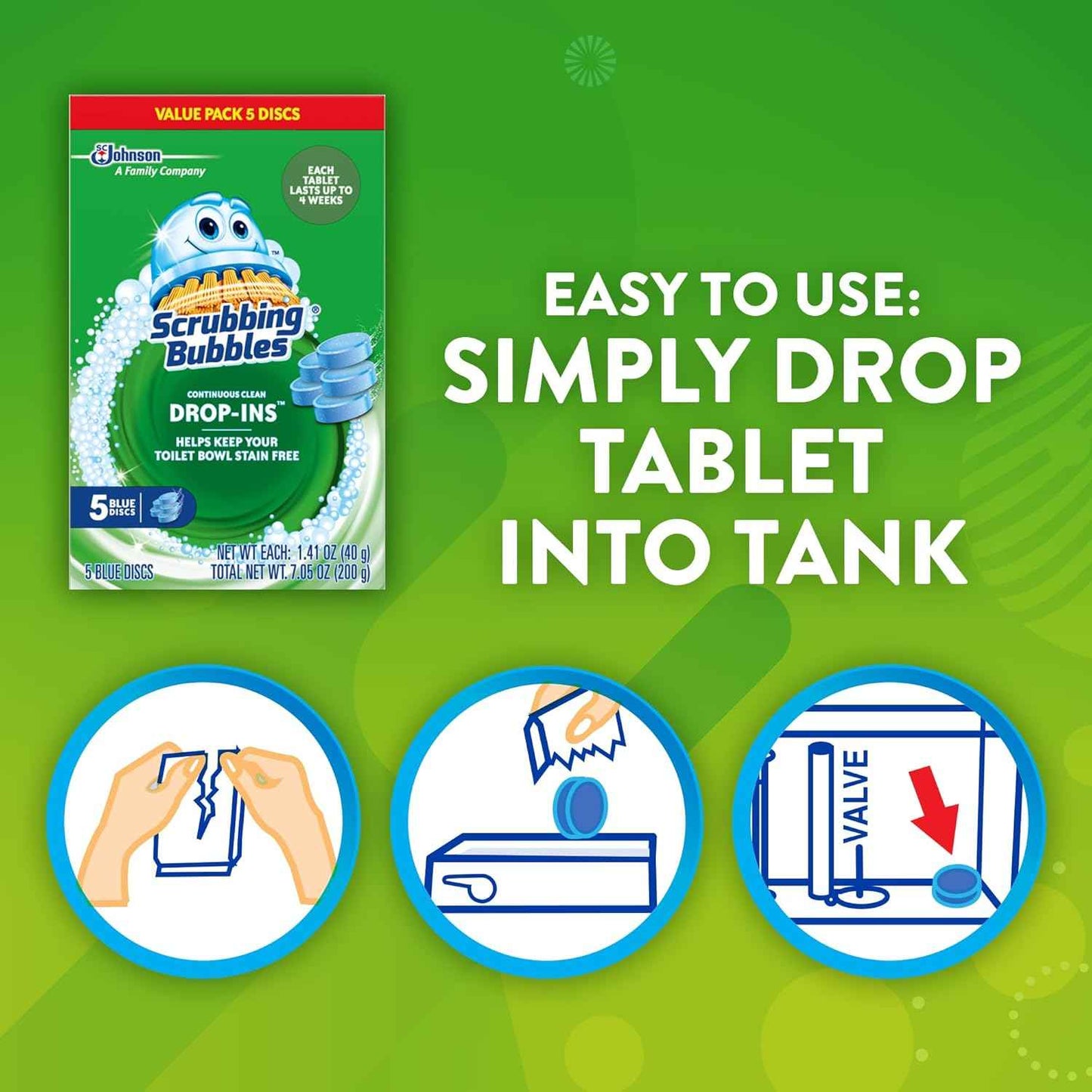 Scrubbing Bubbles Continuous Clean Toilet Drop-Ins, Automatic Blue Toilet Bowl Cleaner, Septic-Safe Tank Tablets Remove Hard Water Minerals & Limescale, Stain & Smell Protection