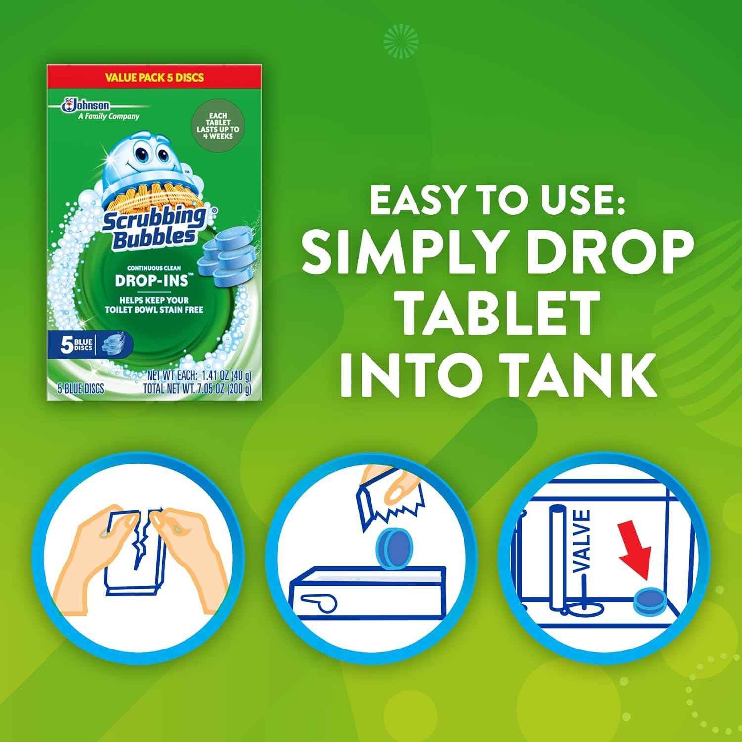 Scrubbing Bubbles Continuous Clean Toilet Drop-Ins, Automatic Blue Toilet Bowl Cleaner, Septic-Safe Tank Tablets Remove Hard Water Minerals & Limescale, Stain & Smell Protection