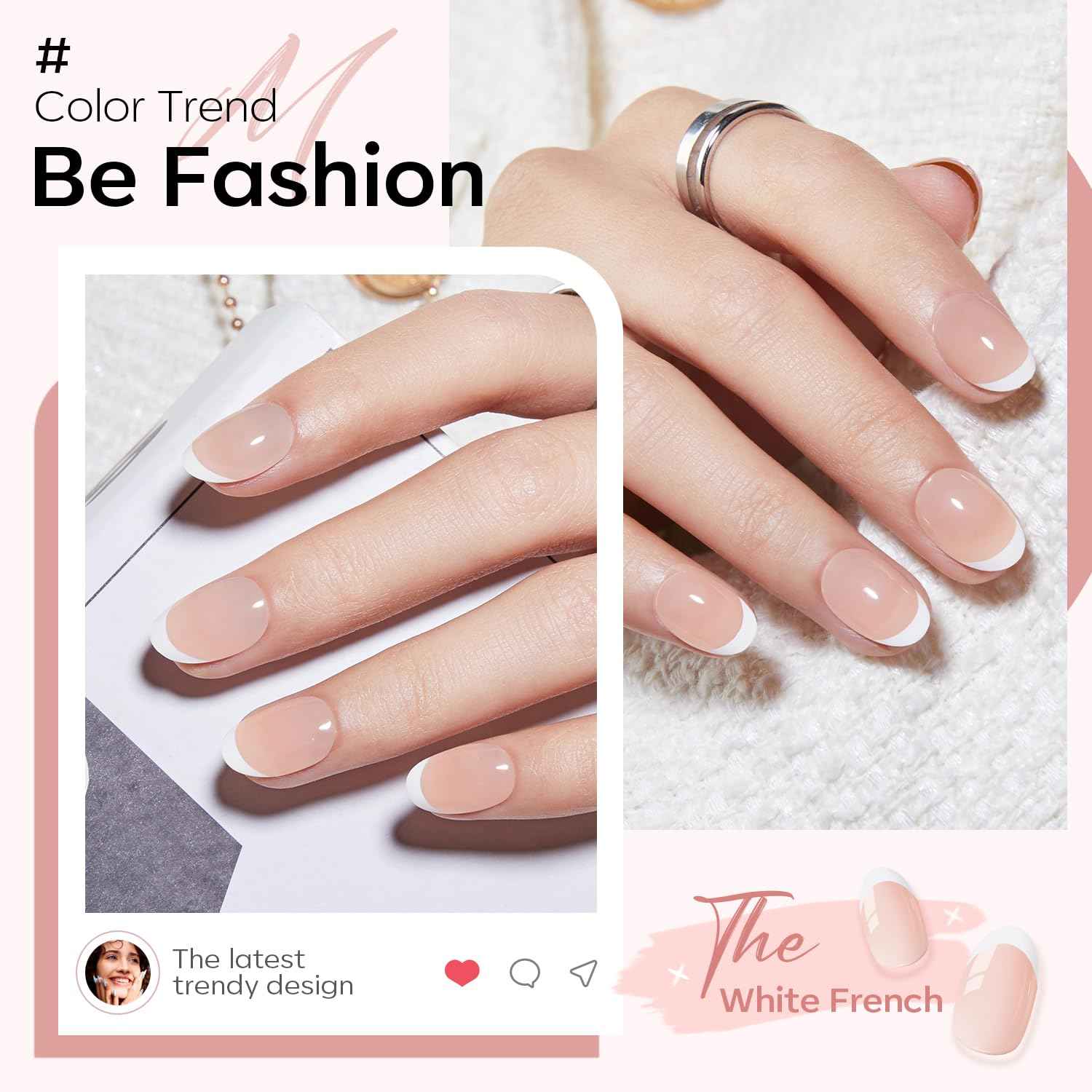 modelones French Tip Press On Nails, Short Oval Fake Nails Press Ons with Nail Glue, Adhesive Tabs, Nail File, Prep Pad, Manicure Stick, 32Pcs 16 Sizes, Nude, Spring Women Girl Gift