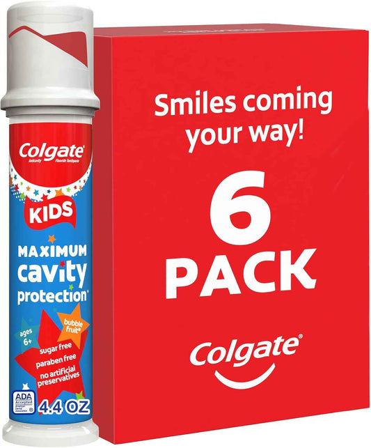 Colgate Kids Toothpaste Pump with Fluoride for Cavity Protection, Ages 6+, ADA Accepted, Bubble Fruit, 4.4 Ounce, 6 Pack