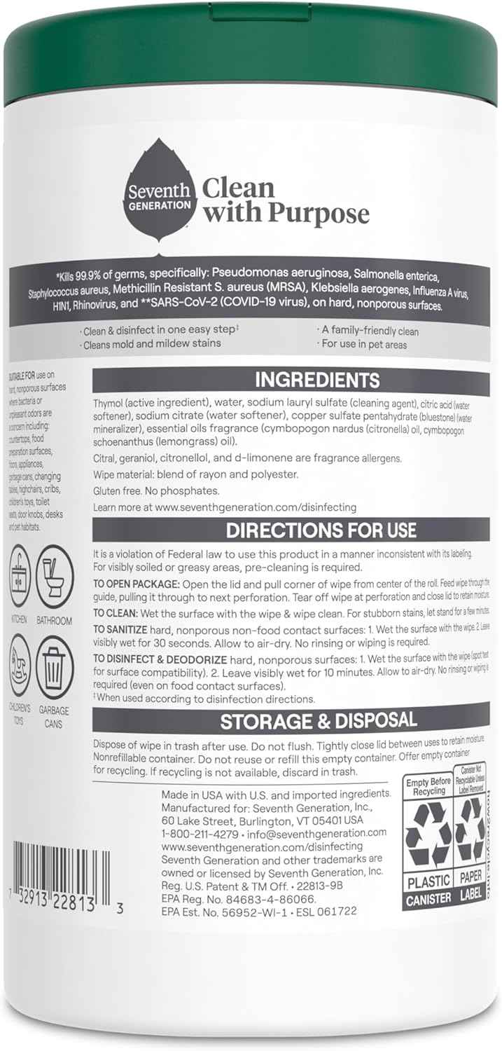 Seventh Generation Disinfecting Wipes, Lemongrass Citrus, 70 Count, Botanical Multi-Surface Cleaner Kills 99.9% Germs, No Bleach, Plant-Based Formula for Home, Kitchen, Bathroom, Car Interior