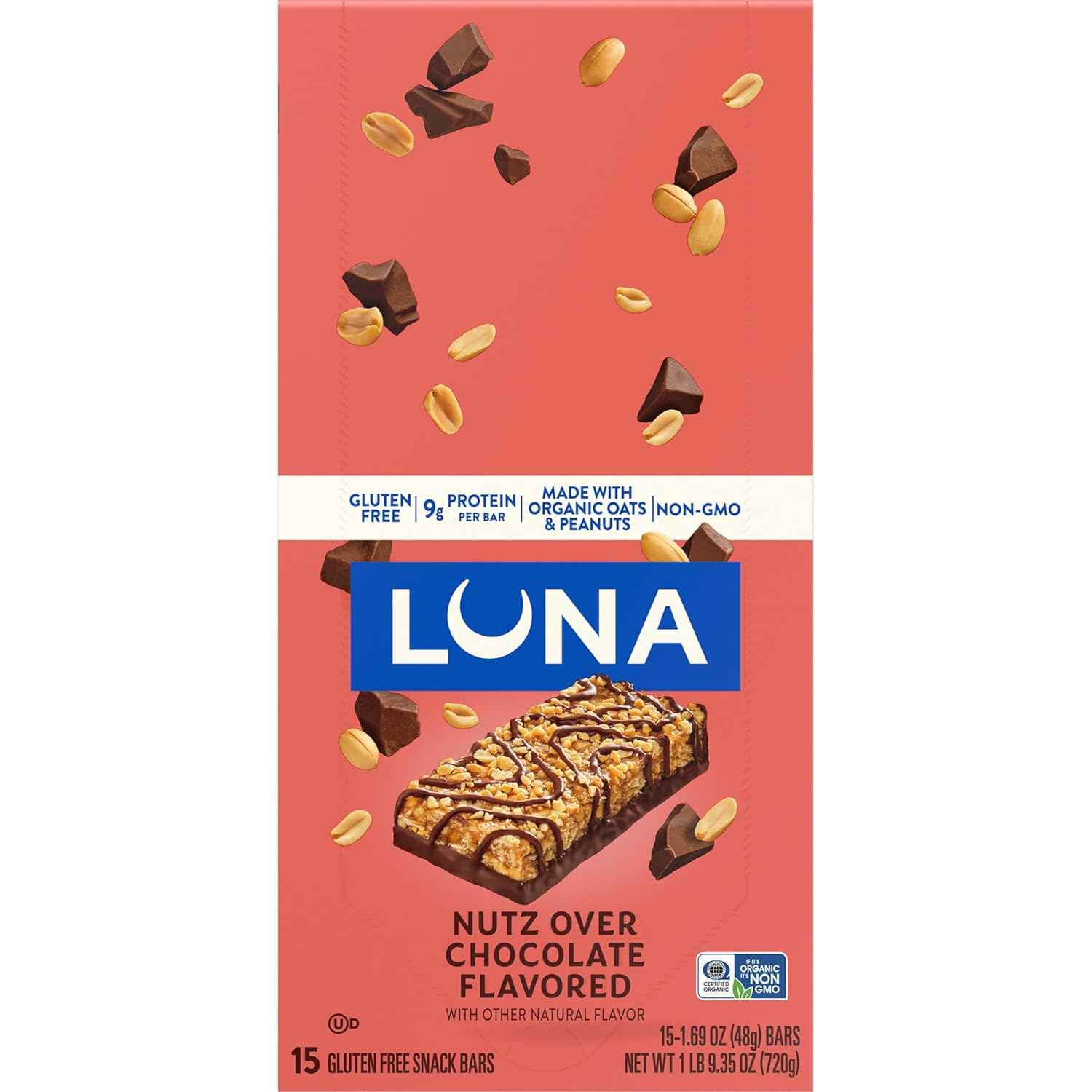 LUNA Bar - Nutz Over Chocolate Flavor - Gluten-Free - Non-GMO - 7-9g Protein - Made with Organic Oats - Low Glycemic - Whole Nutrition Snack Bars - 1.69 oz. (15 Count)