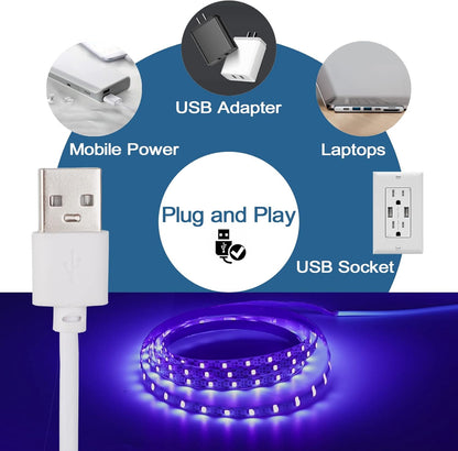 6.6FT/2M_LED_Black_Light_Strip_-_120_Units_LED_UV_Wick_395-400nm,_USB_DC_5V_Flexible_Blacklight_Fixtures,_10W_Blacklight_Strip_for_Indoor_Decor,_Glow_Poster,_Bedroom,_Playroom,_Halloween,_Dark_Party