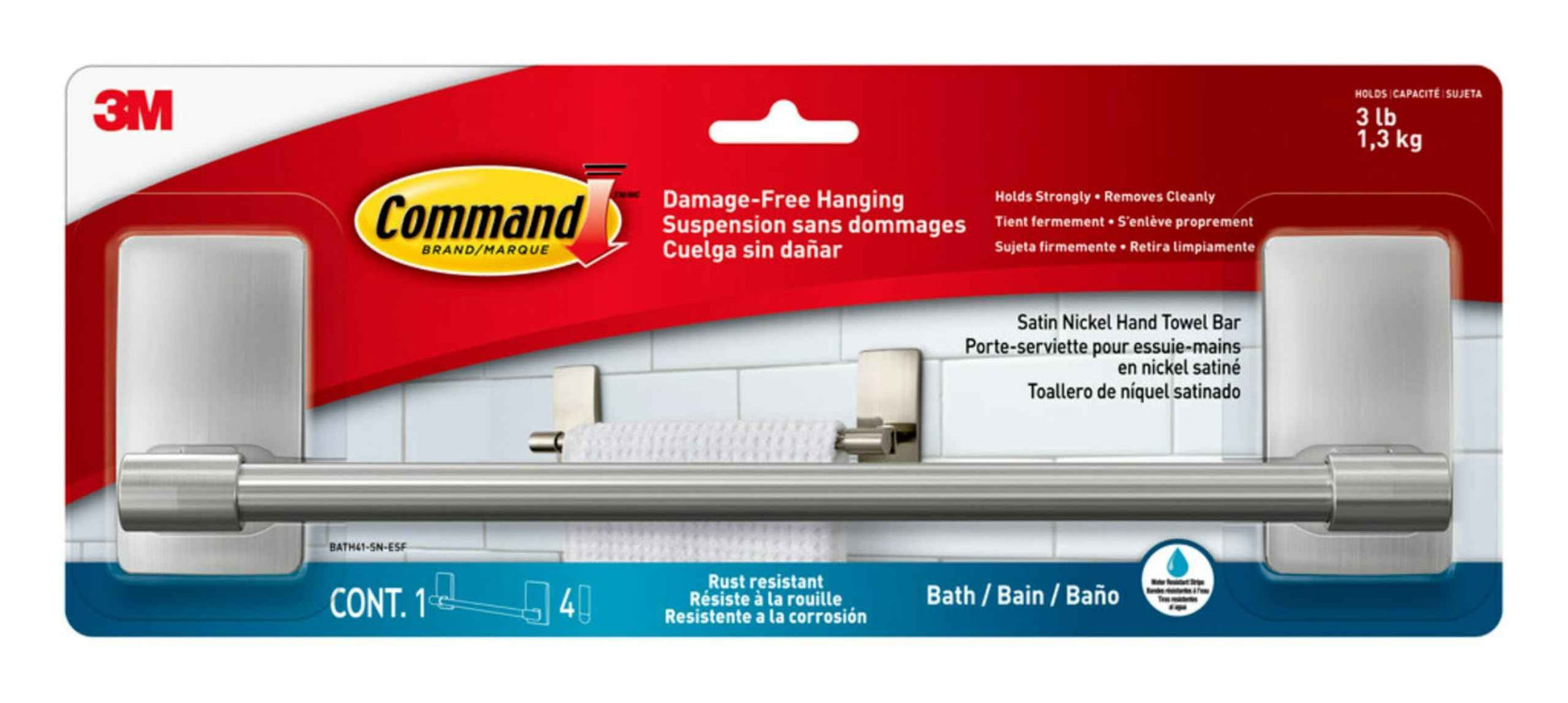Command Hand Towel Bar Satin Nickel with 4 Water Resistant Command Strips, 9" Hand Towel Holder, Holds up to 3 lb, Great for Bathroom Décor on The Wall, Inside The Cabinet, or in The Shower