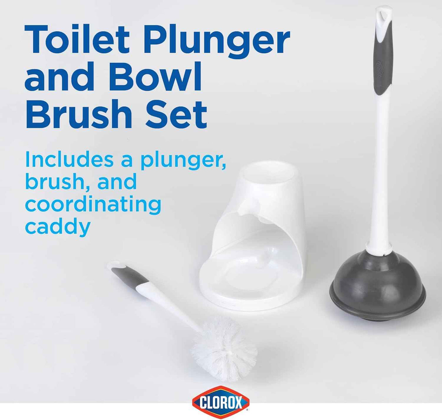 Clorox Toilet Plunger and Bowl Brush Combo with Caddy, 6.75 x 7 x 19.5 in, White/Gray