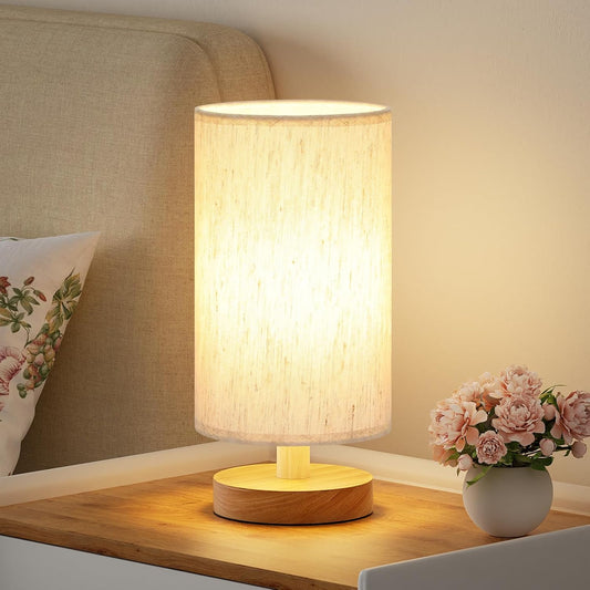 Fenmzee_Small_Table_Lamp_for_Bedroom_-_Inline_Control,_Bedside_Lamp_with_3000K_A15_LED_Blub,_Easy_Assembly_(Cream_Shade_-_Wood_Base,_9"_Inline_Control)