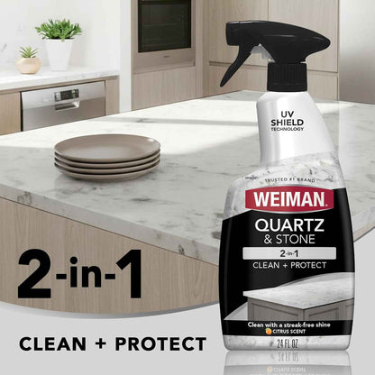 Weiman Quartz Countertop Cleaner and Polish - Clean and Shine Your Countertops Islands and Stone Surfaces with UV Protection, 24 Ounce with MicroFiber Towel, 2 Pack