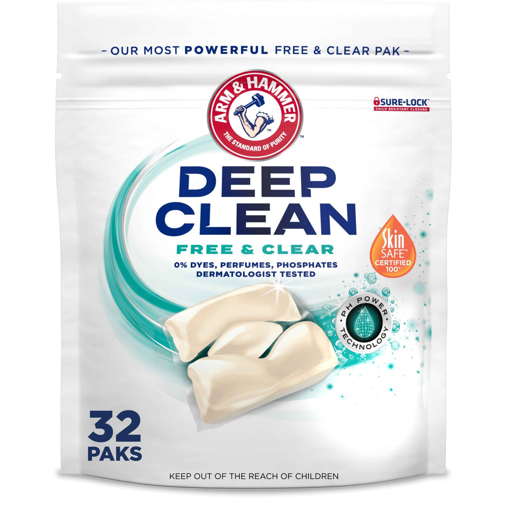 ARM & HAMMER Deep Clean Free & Clear Laundry Detergent Power Paks, Free of Dyes and Perfumes, Dermatologist Tested